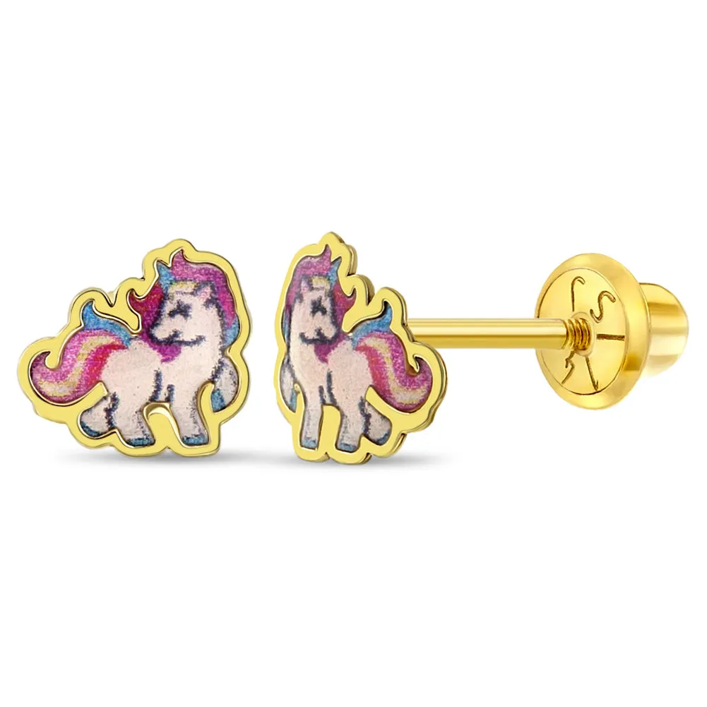 14k Gold Galloping Unicorn Baby / Toddler / Kids Earrings Safety Screw Back Enamel