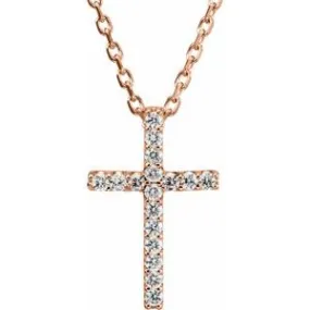 14K Rose .06 CTW Natural Diamond Petite Cross 16" Necklace