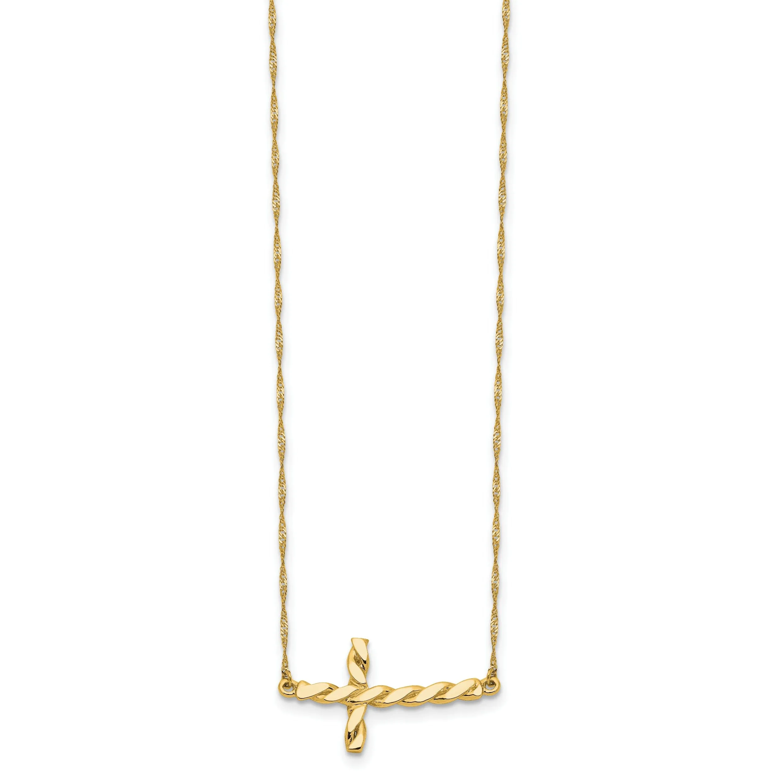 14k Yellow Gold Polished Finish Solid Twisted Sideways Cross Pendant Design in a 17-Inch Rope Chain Necklace Set