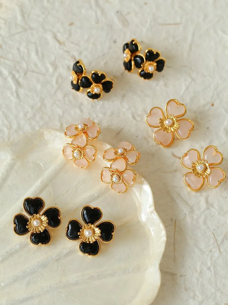 Black Agate White Crystal Rose Quartz Four-leaf Clover Stud Earrings