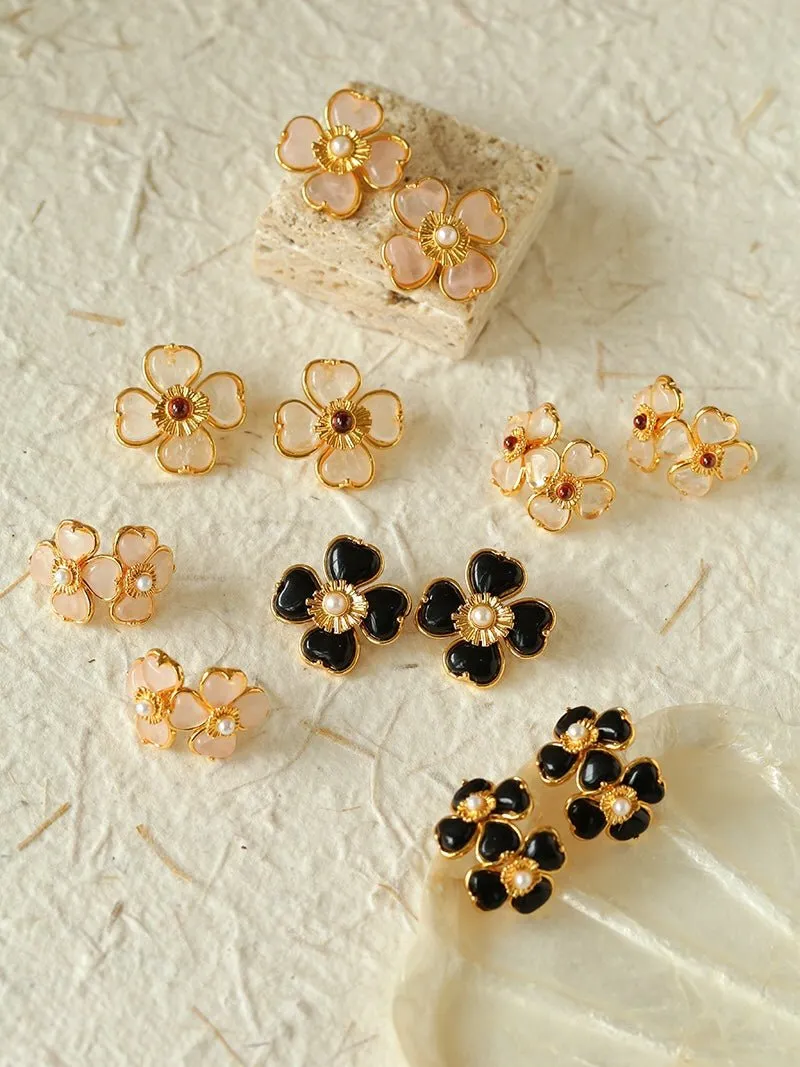 Black Agate White Crystal Rose Quartz Four-leaf Clover Stud Earrings