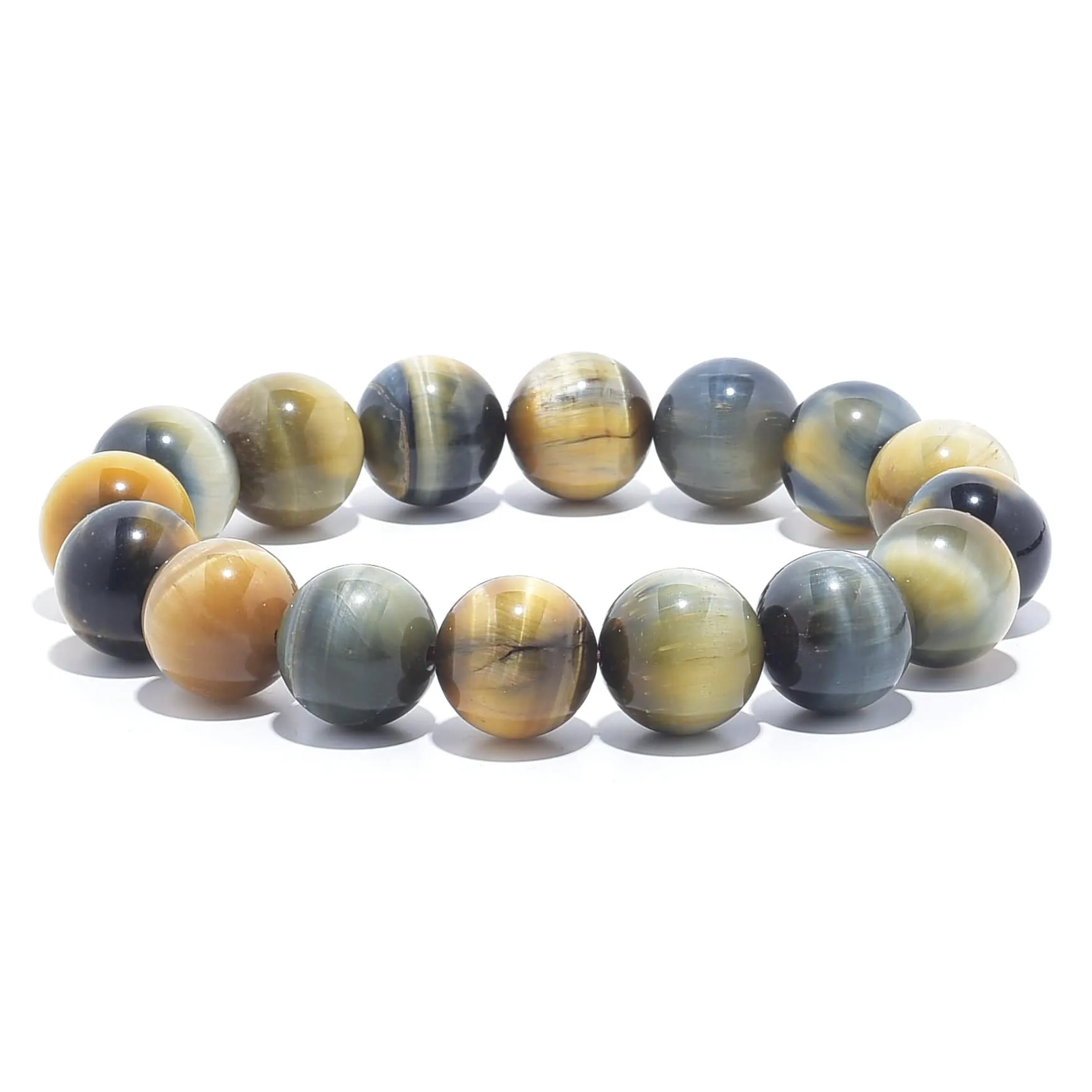 Blue and Yellow Tiger Eye Natural 14mm Gemstone Bead Elastic Bracelet