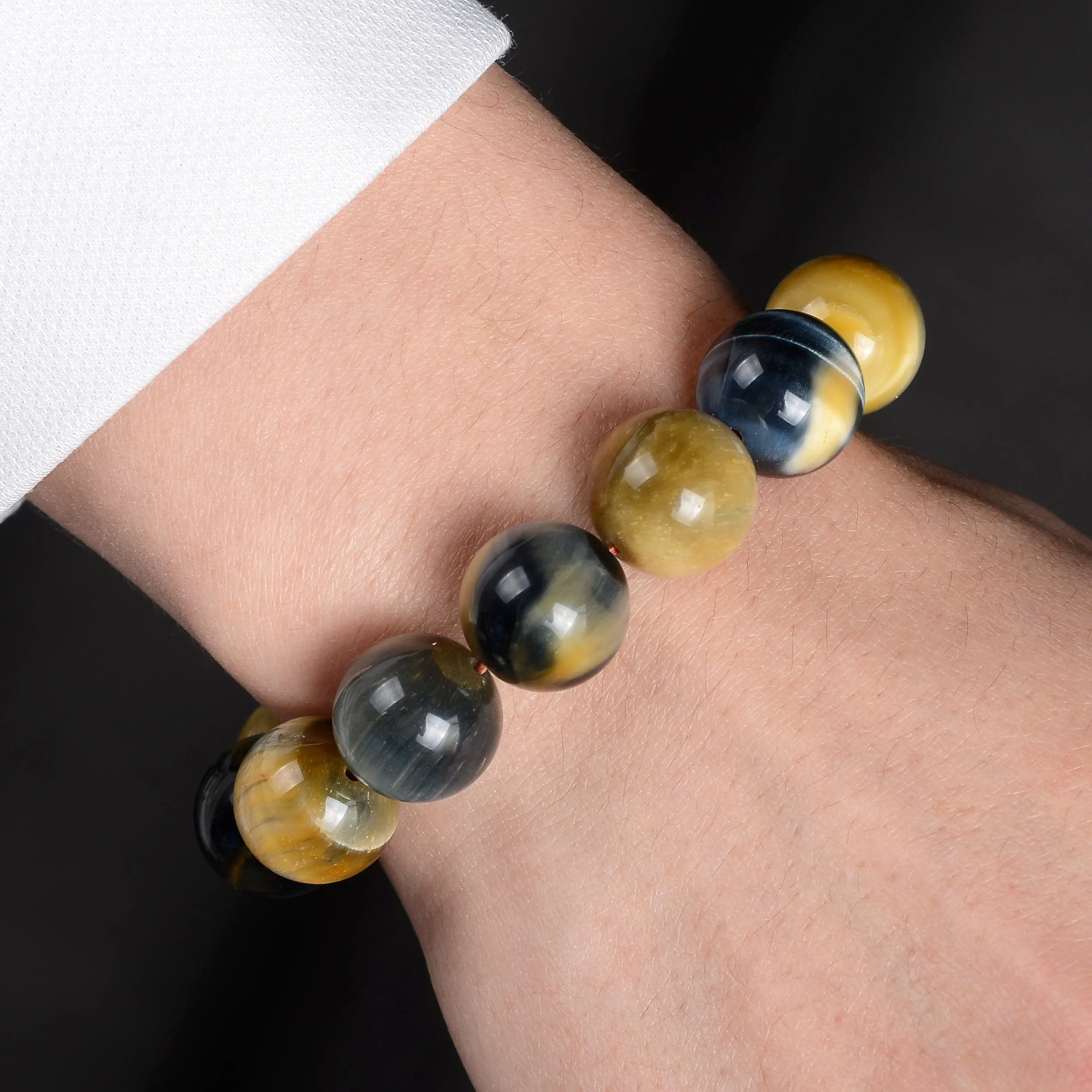 Blue and Yellow Tiger Eye Natural 14mm Gemstone Bead Elastic Bracelet