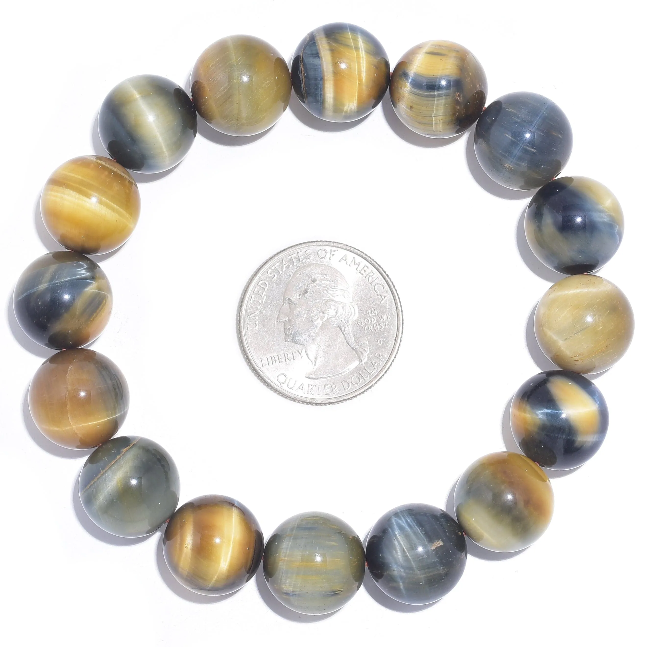 Blue and Yellow Tiger Eye Natural 14mm Gemstone Bead Elastic Bracelet