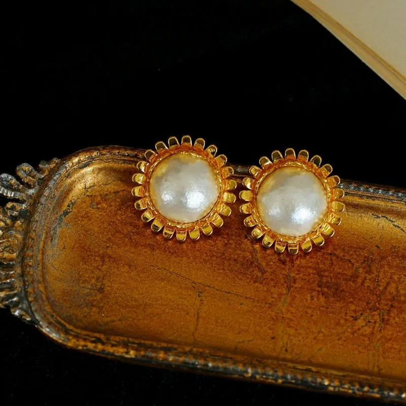 Chanel-Inspired Sunflower Cotton Pearl Stud Earrings