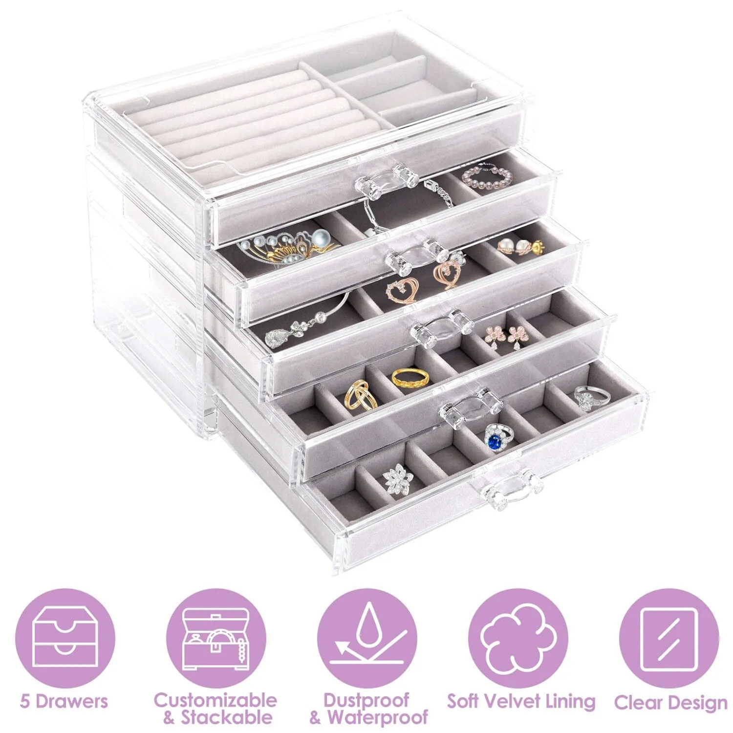 Clear Acrylic Jewelry Box Organizer with 5 Stackable Drawers