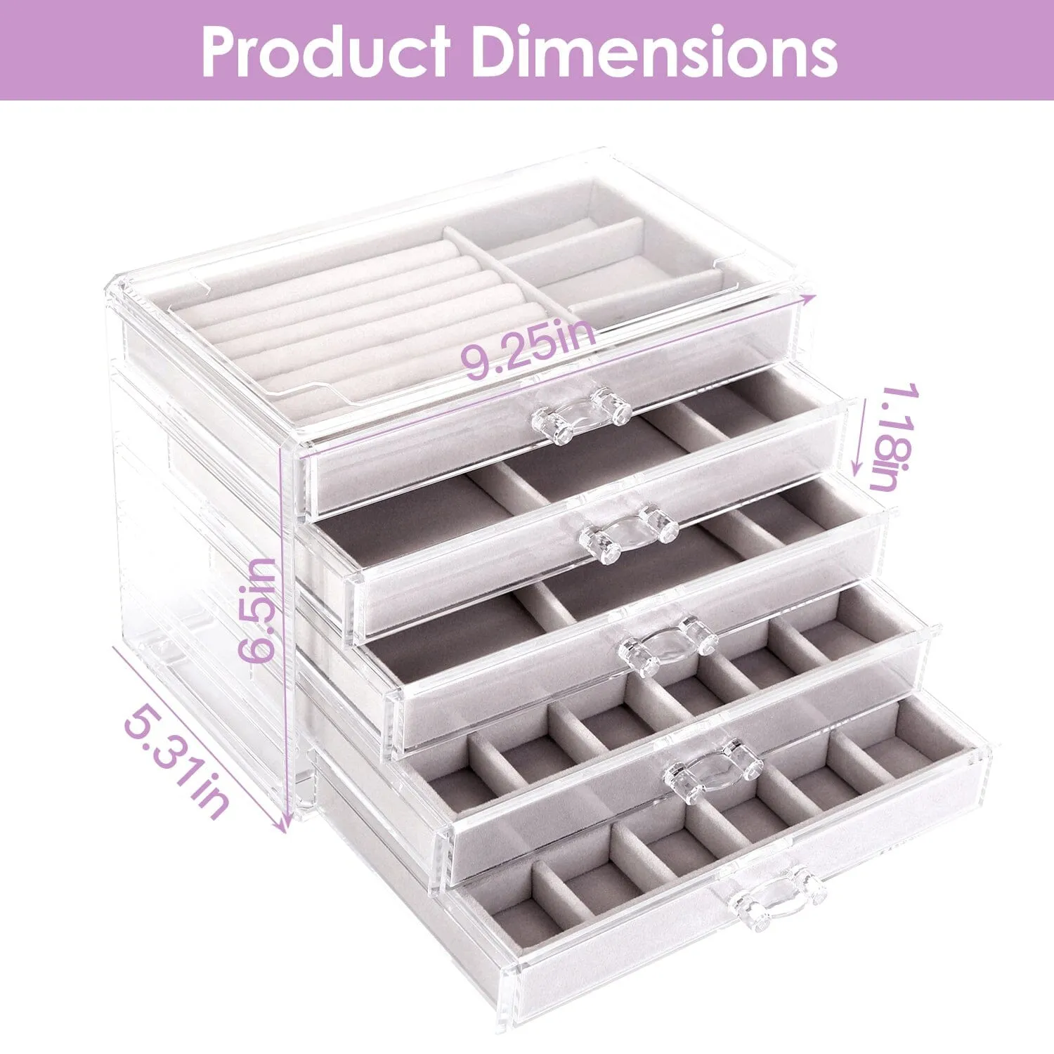 Clear Acrylic Jewelry Box Organizer with 5 Stackable Drawers