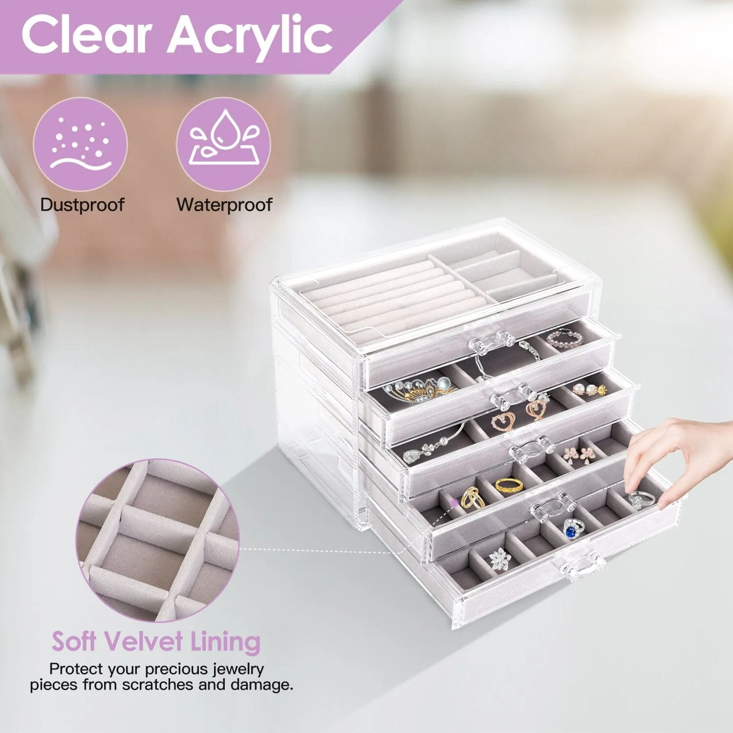 Clear Acrylic Jewelry Box Organizer with 5 Stackable Drawers