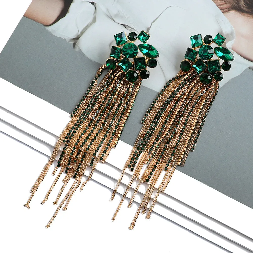 Colorful Rhinestone Tassel Cocktail Earrings - 5 Colors