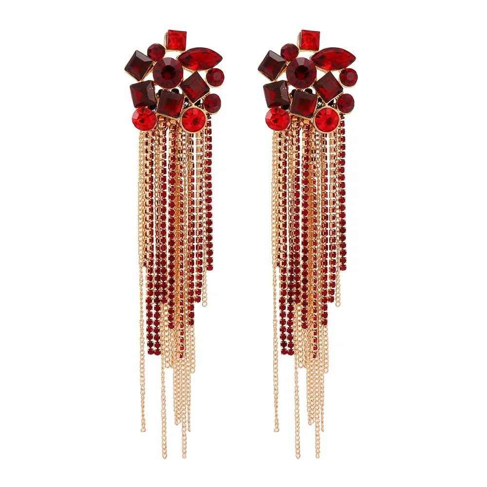 Colorful Rhinestone Tassel Cocktail Earrings - 5 Colors