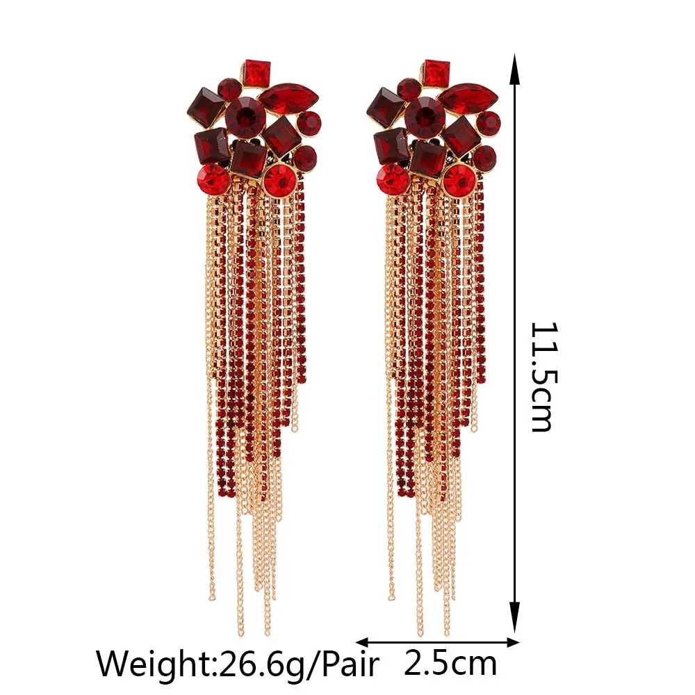 Colorful Rhinestone Tassel Cocktail Earrings - 5 Colors