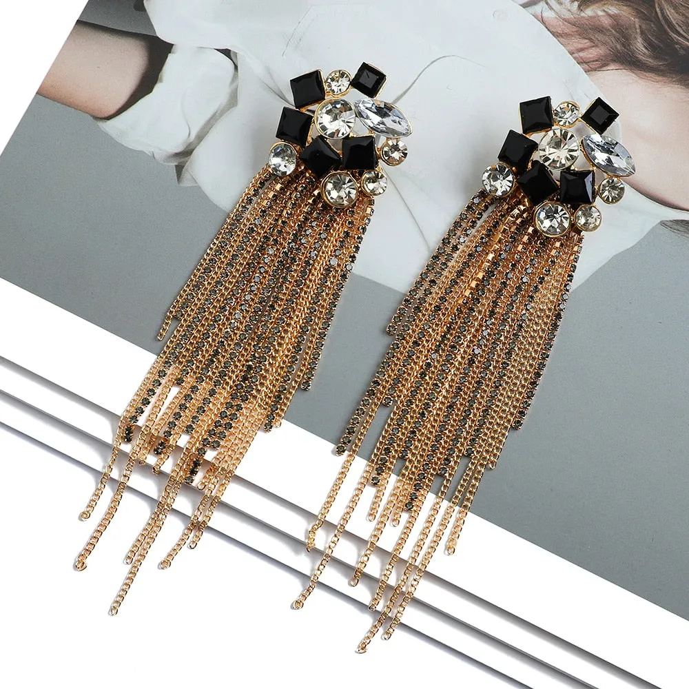 Colorful Rhinestone Tassel Cocktail Earrings - 5 Colors