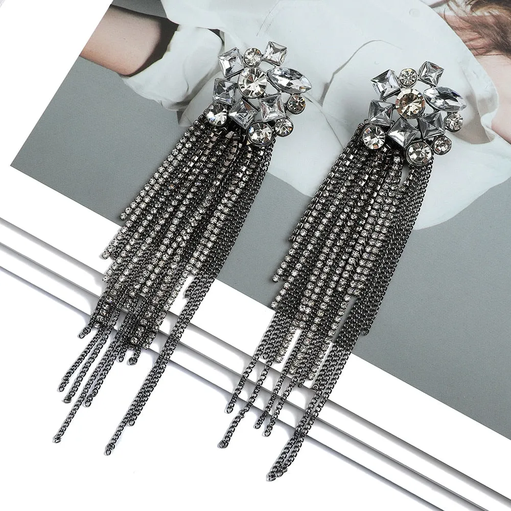 Colorful Rhinestone Tassel Cocktail Earrings - 5 Colors