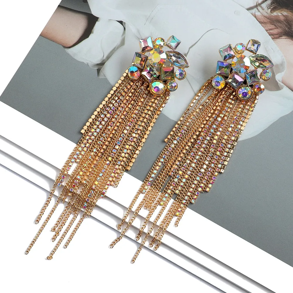 Colorful Rhinestone Tassel Cocktail Earrings - 5 Colors