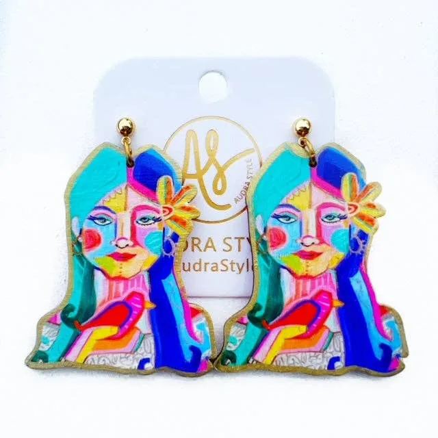 Colorful Statement Abstract Girl Artwork Dangle Earrings