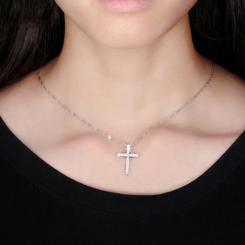 Cross Pendant Necklace with Luxury Austria Crystal Zircon 3 Layer Platinum Plated Allergy Free Women Necklace