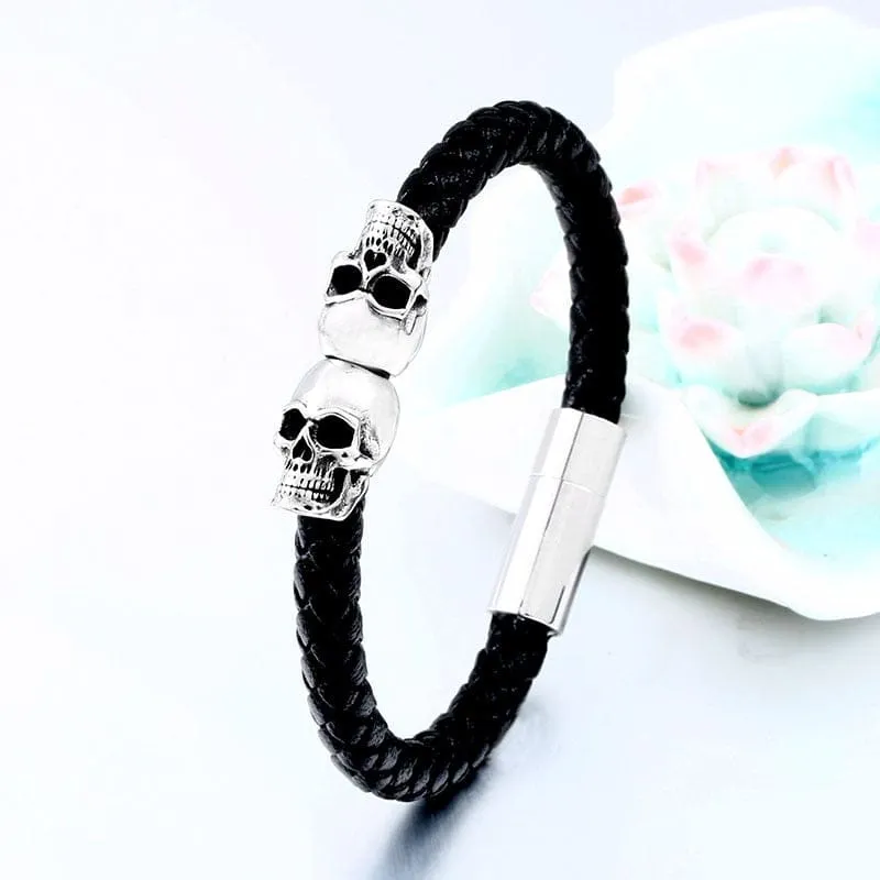 Double Skull Leather Woven Bracelet