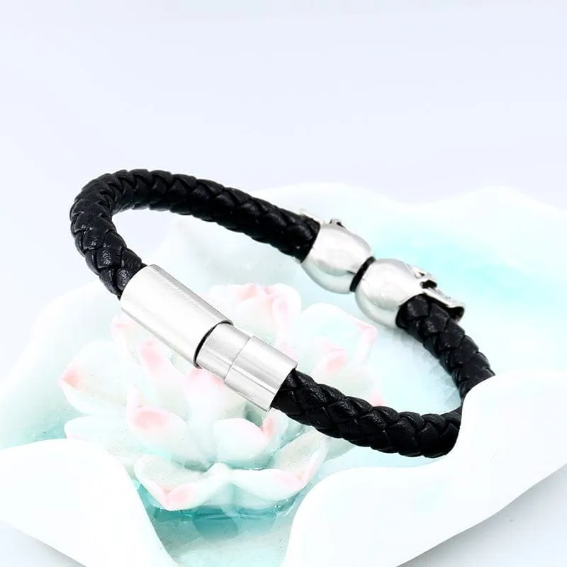 Double Skull Leather Woven Bracelet