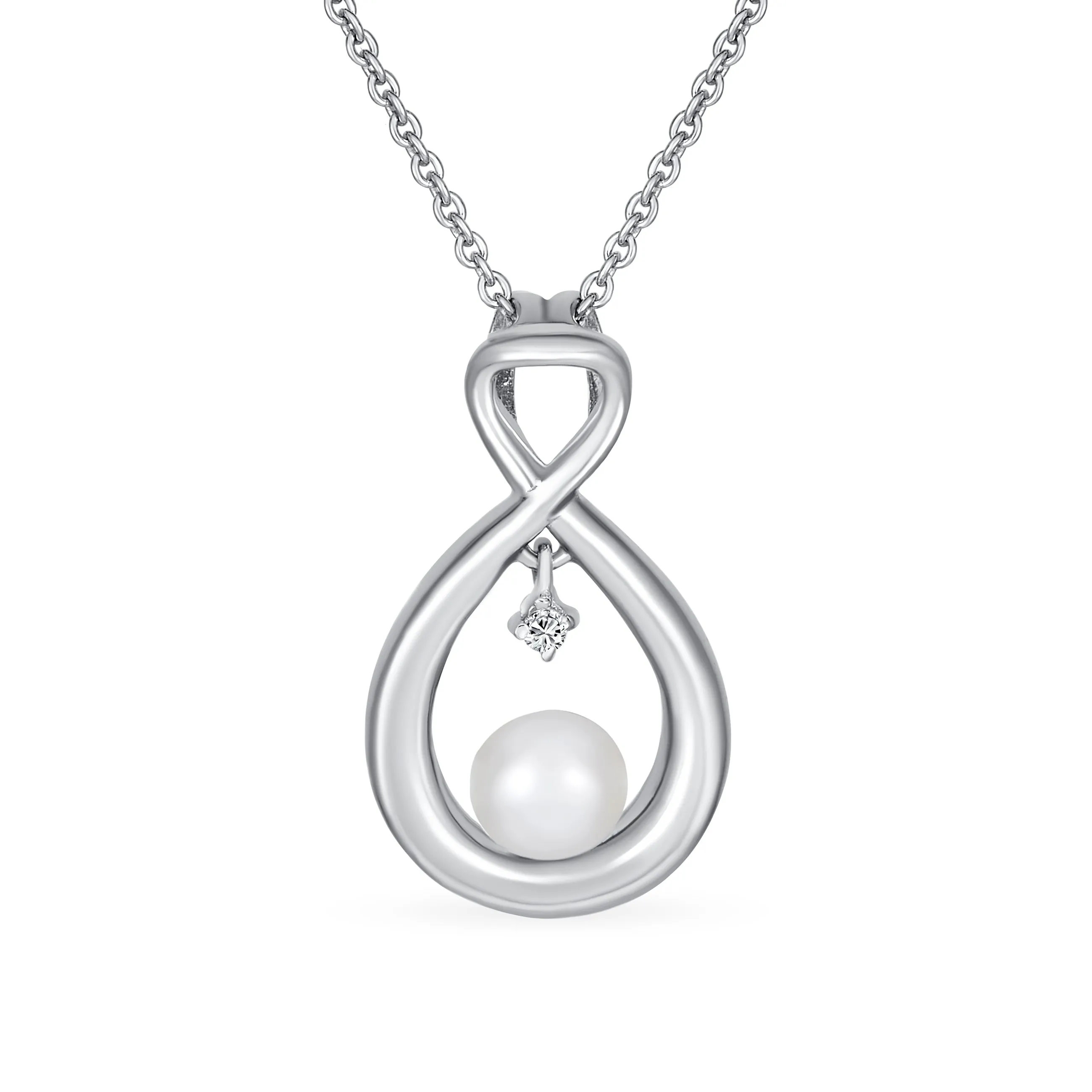 Elegant Bridal Necklace CZ Accented Infinity Teardrop Pearl Pendant Silver 16-18"