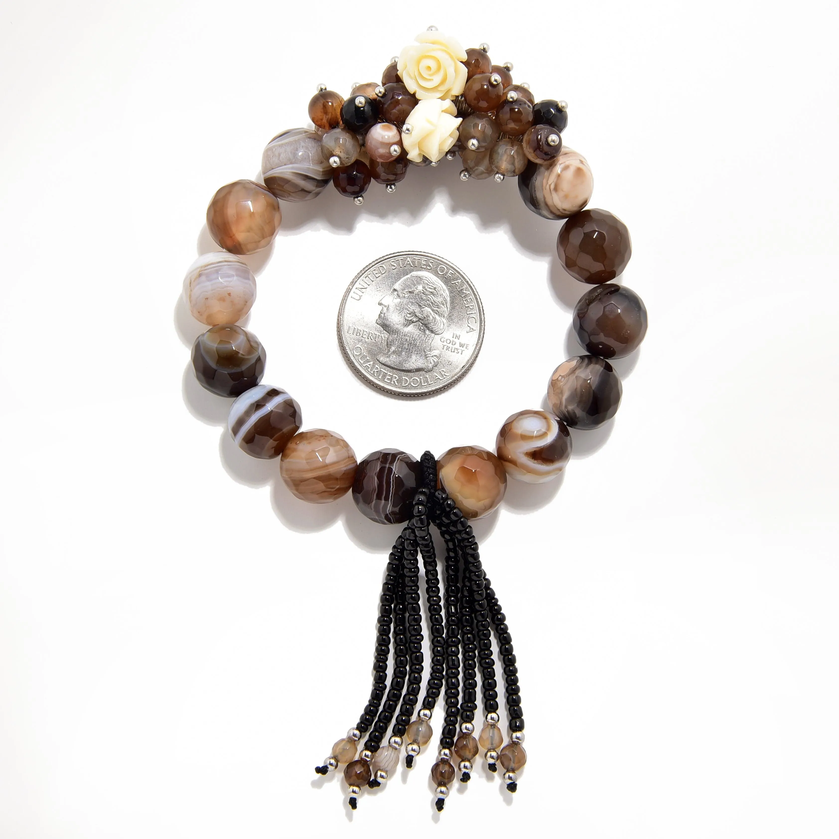 Faceted Coffee Agate with Flower Accents 12mm Gemstone Bead Elastic Bracelet