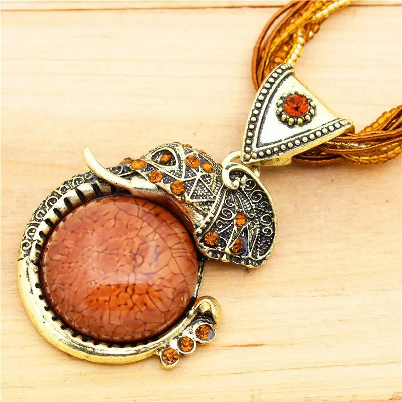 Fashion Jewelry Retro Craft Antique Bronze Plated Milet Chain Cute Crystal Lucite Elephant Pendant Necklace