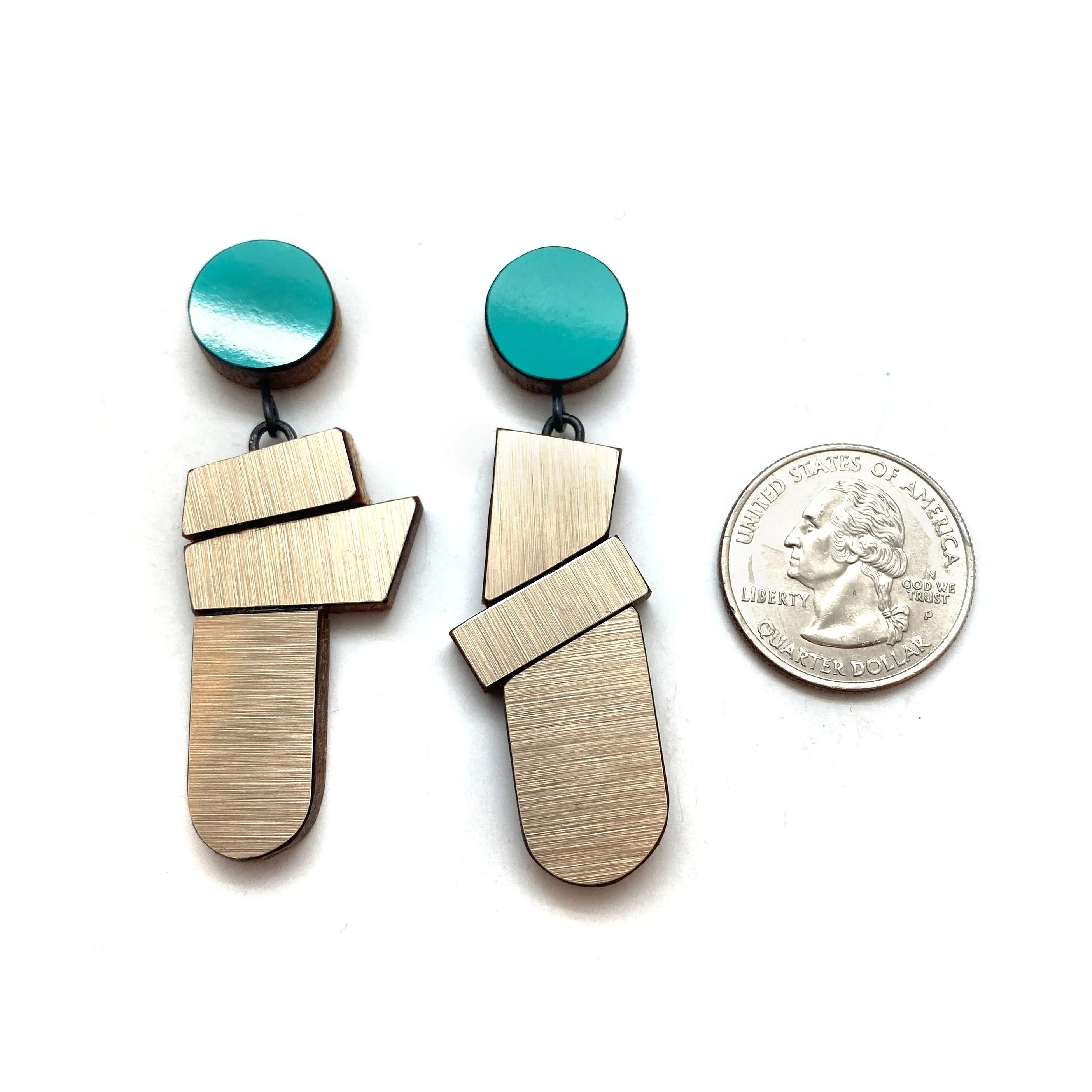 Geometric Earrings - Teal and Textured Gold