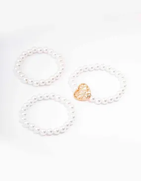 Gold Heart Pearl Bracelet 3-Pack