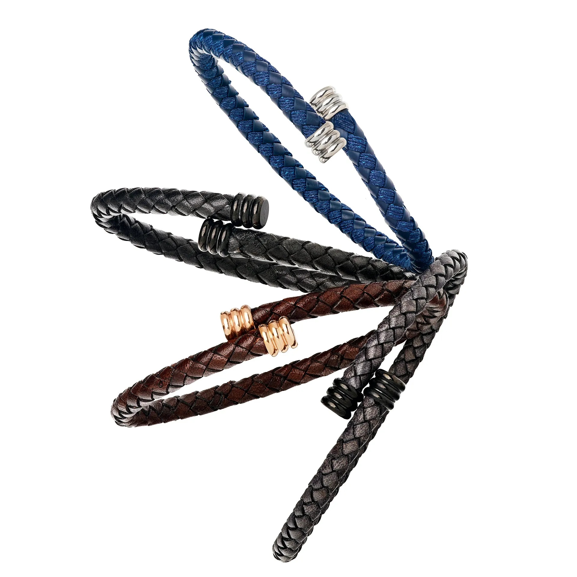 Leather and Nylon Woven Adjustable Bracelet with Metal Accents