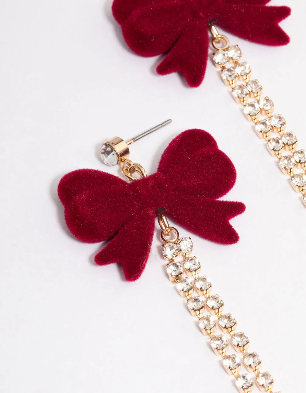 Maroon Cup Chain Velvet Bow Drop Earrings