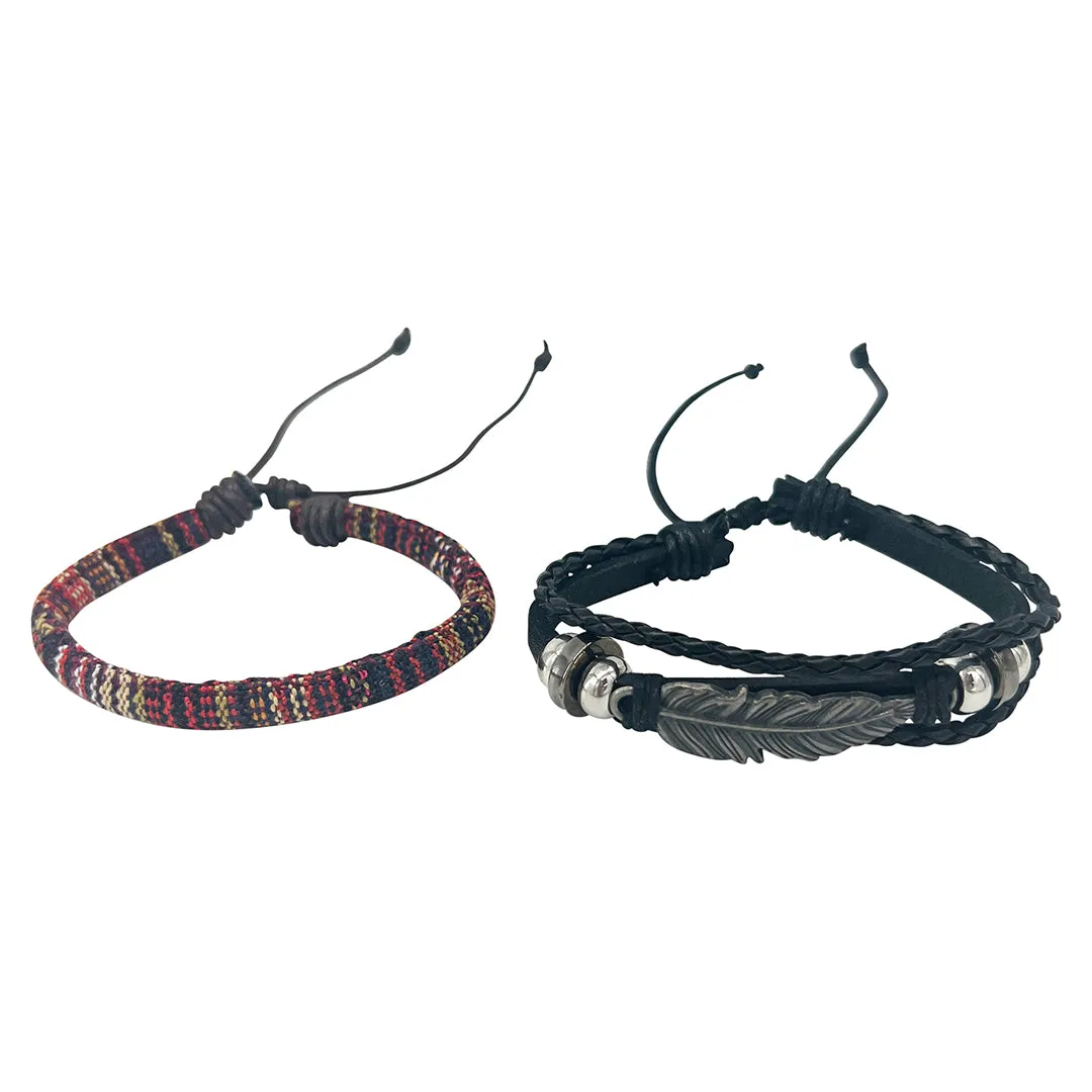 Men's Adjustable Set of Black Leather Feather and Woven Multicolor Bracelets