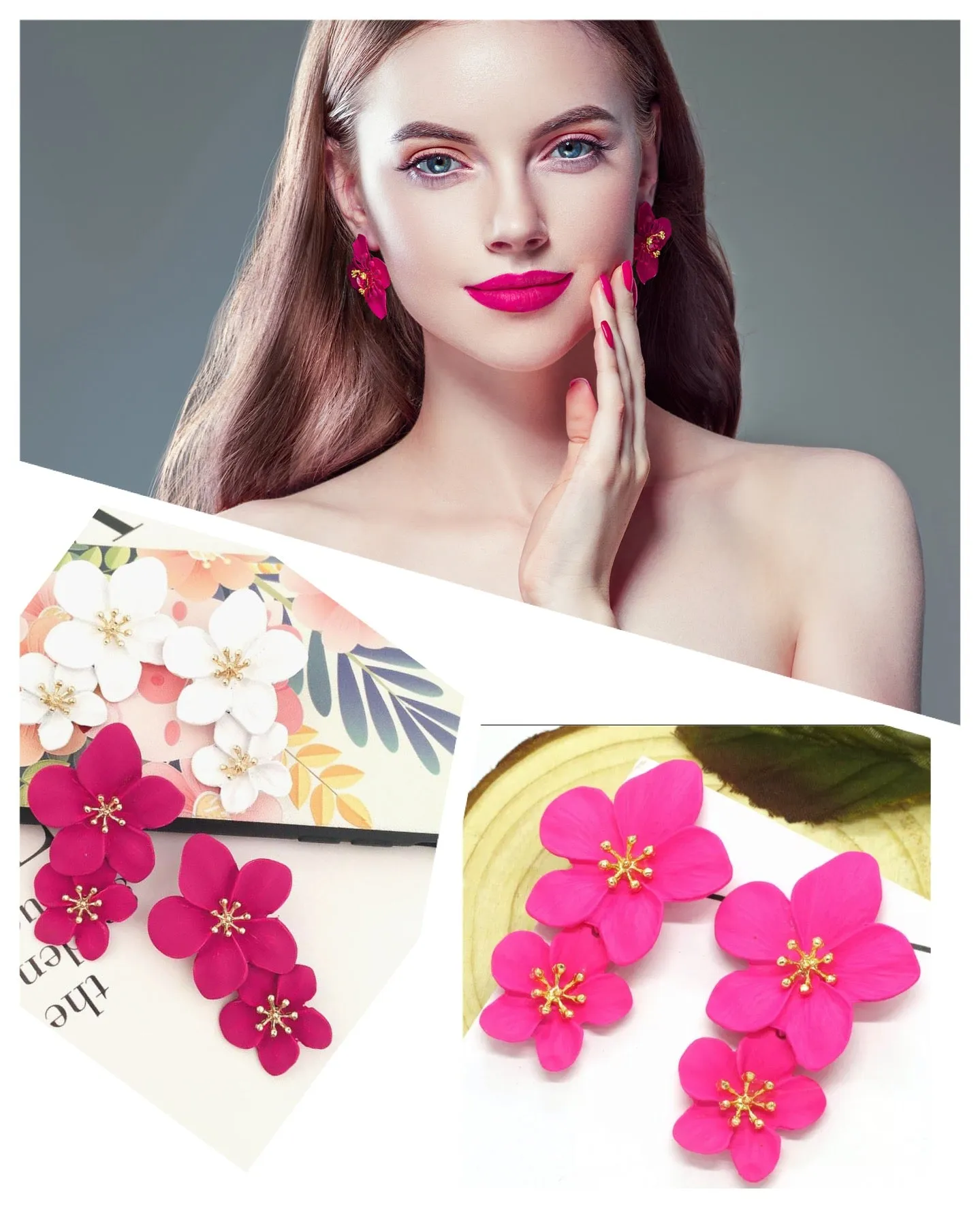 Multi Colors Eye-Catching Double-Drop Flower Statement Earrings