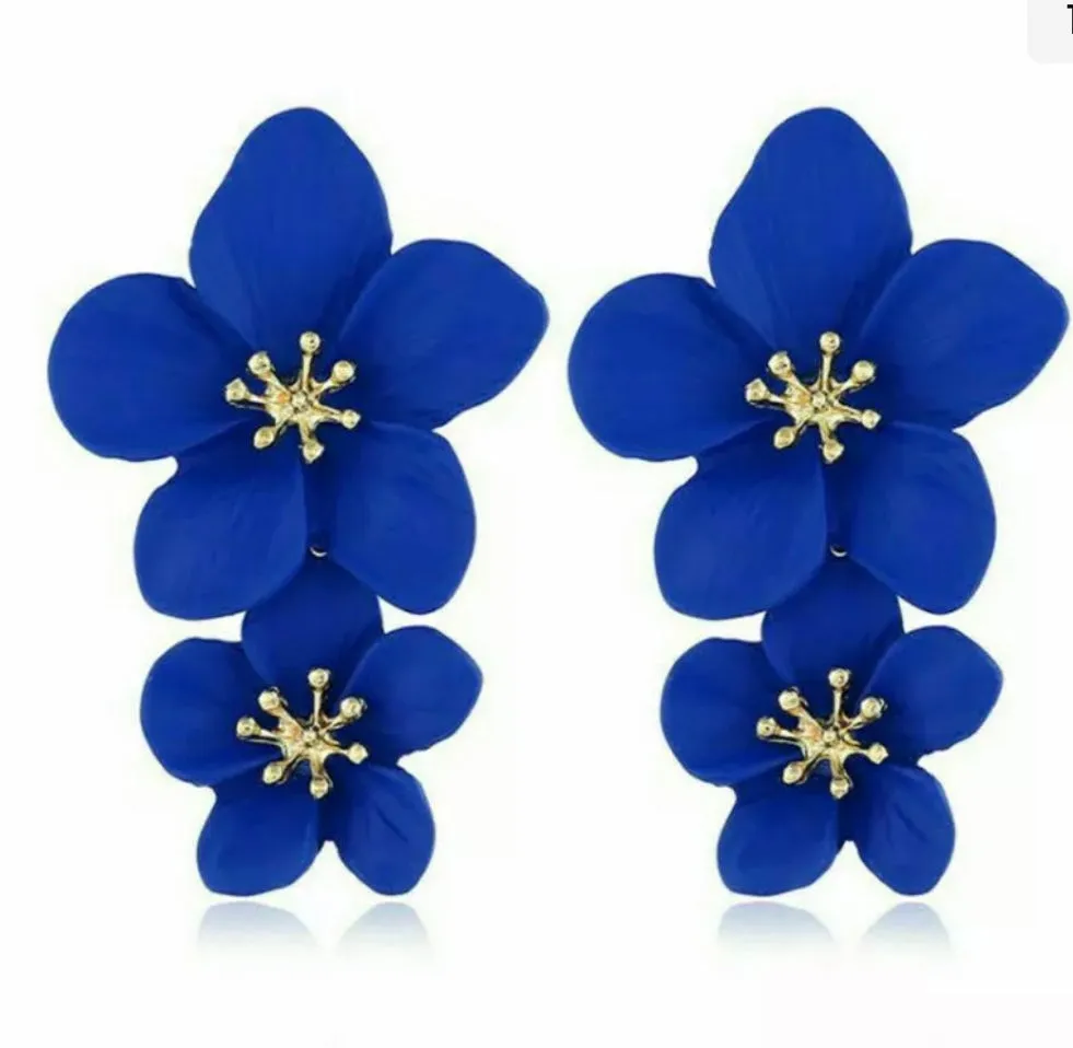 Multi Colors Eye-Catching Double-Drop Flower Statement Earrings