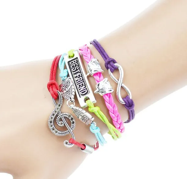 Multilayer Braided Bracelets Antique Alloy Owl Anchor Infinity Love Charm Bracelet Multicolor Woven Leather Bracelet Bangle