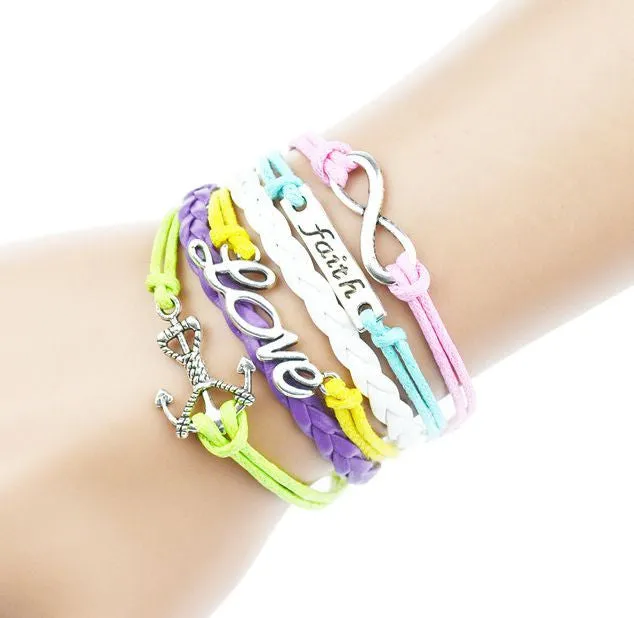 Multilayer Braided Bracelets Antique Alloy Owl Anchor Infinity Love Charm Bracelet Multicolor Woven Leather Bracelet Bangle