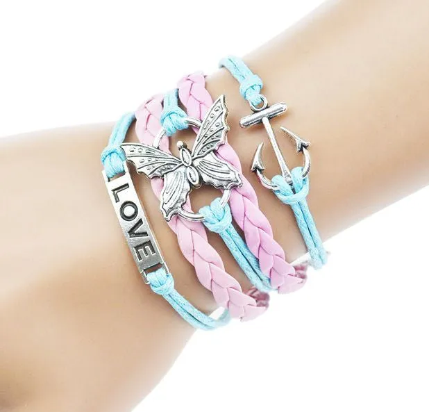 Multilayer Braided Bracelets Antique Alloy Owl Anchor Infinity Love Charm Bracelet Multicolor Woven Leather Bracelet Bangle