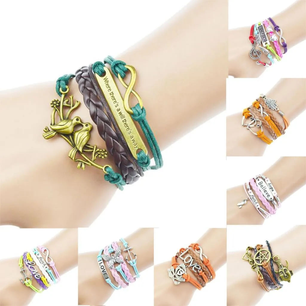 Multilayer Braided Bracelets Antique Alloy Owl Anchor Infinity Love Charm Bracelet Multicolor Woven Leather Bracelet Bangle