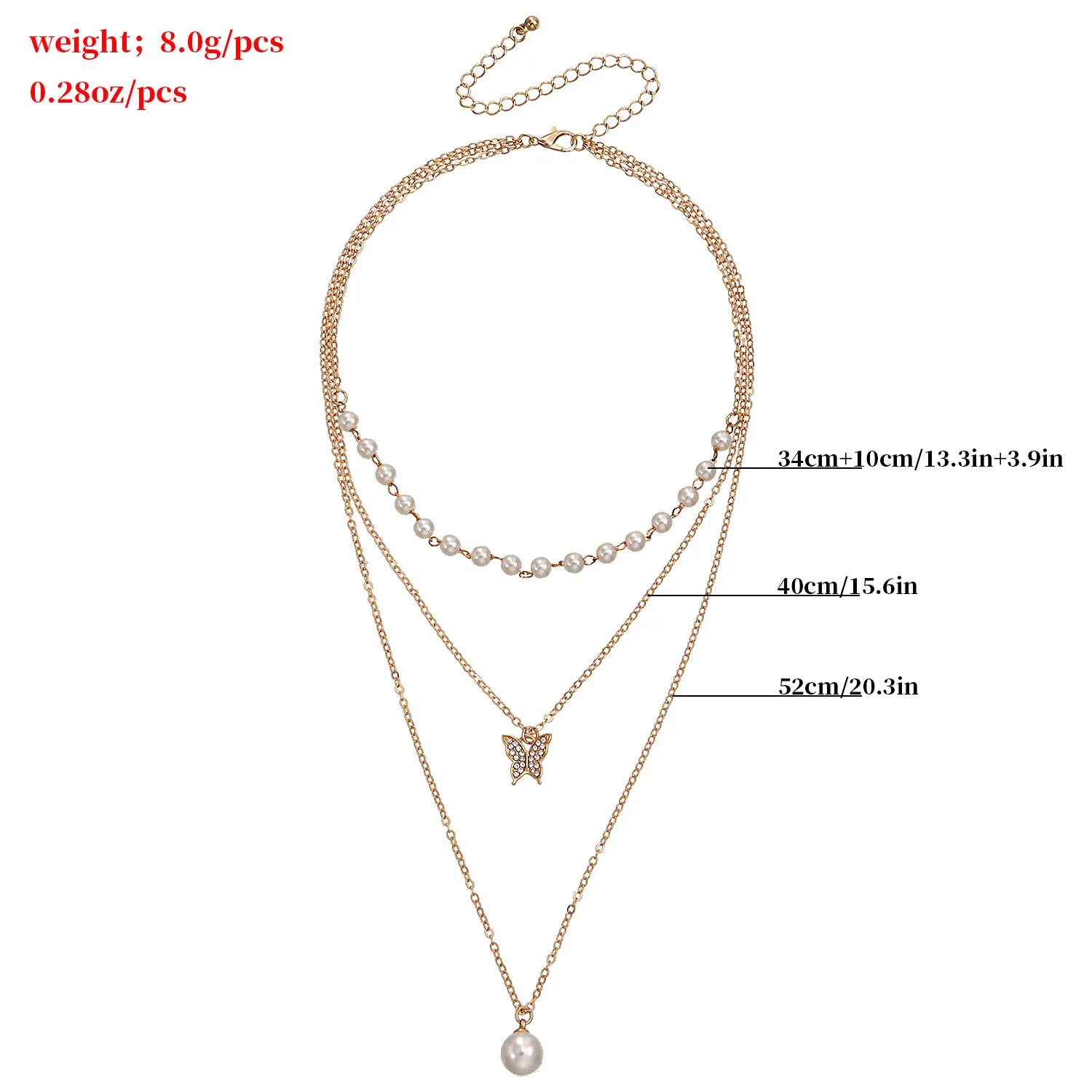 Multilayer Thin Chain Pearl And Diamond Butterfly Pendant Necklace