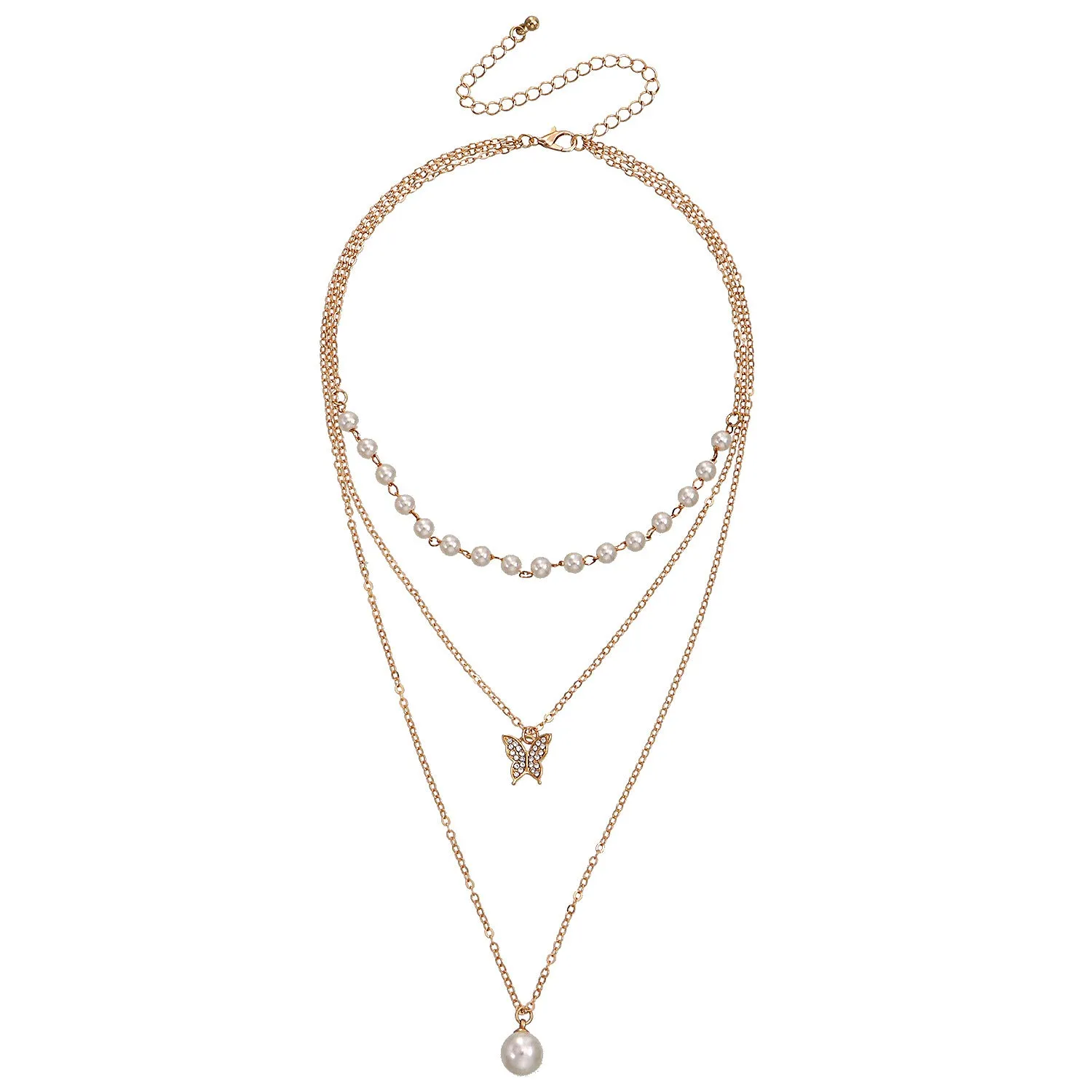 Multilayer Thin Chain Pearl And Diamond Butterfly Pendant Necklace