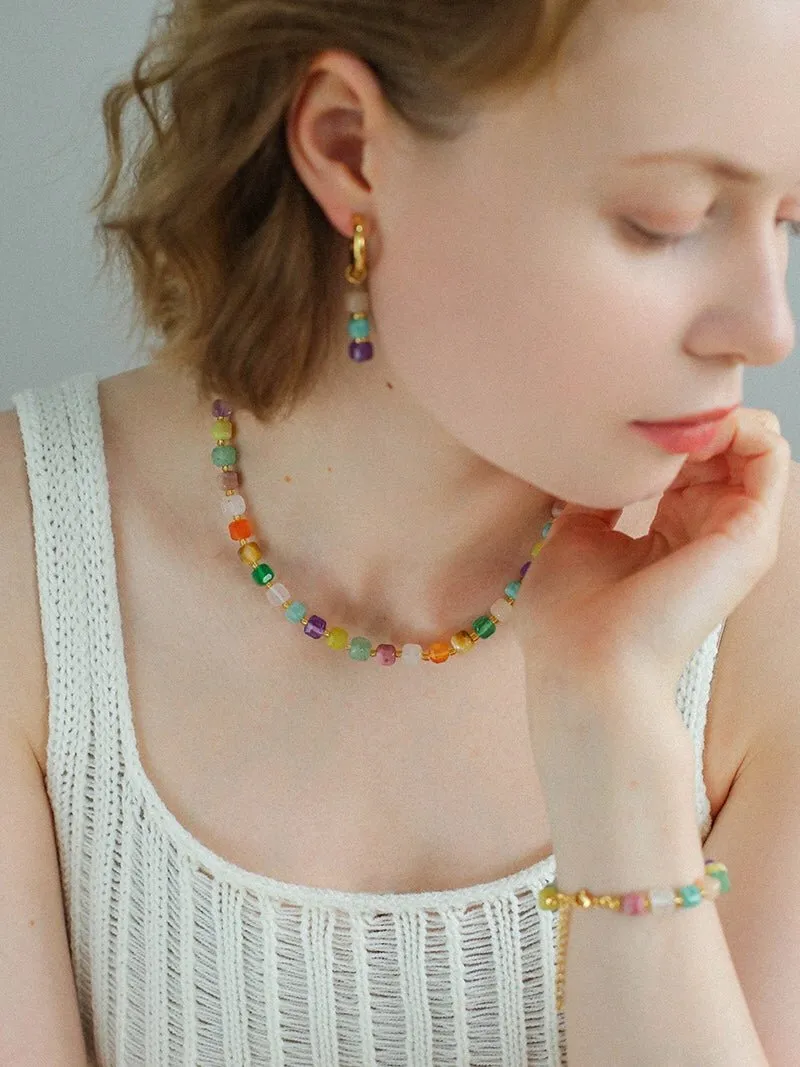 Rainbow Candy Cube Gemstone Drop Hoop Earrings