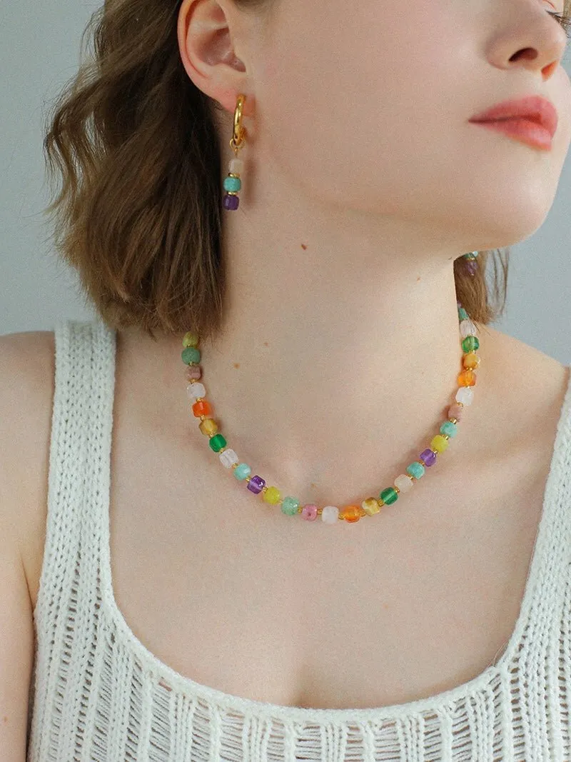 Rainbow Candy Cube Gemstone Drop Hoop Earrings