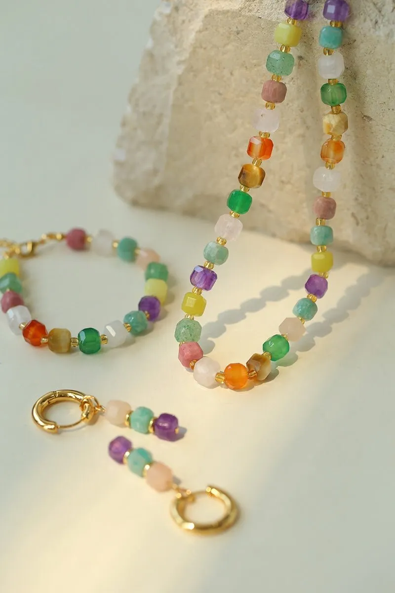 Rainbow Candy Cube Gemstone Drop Hoop Earrings