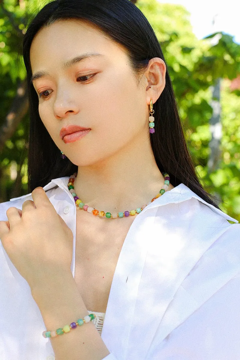 Rainbow Candy Cube Gemstone Drop Hoop Earrings