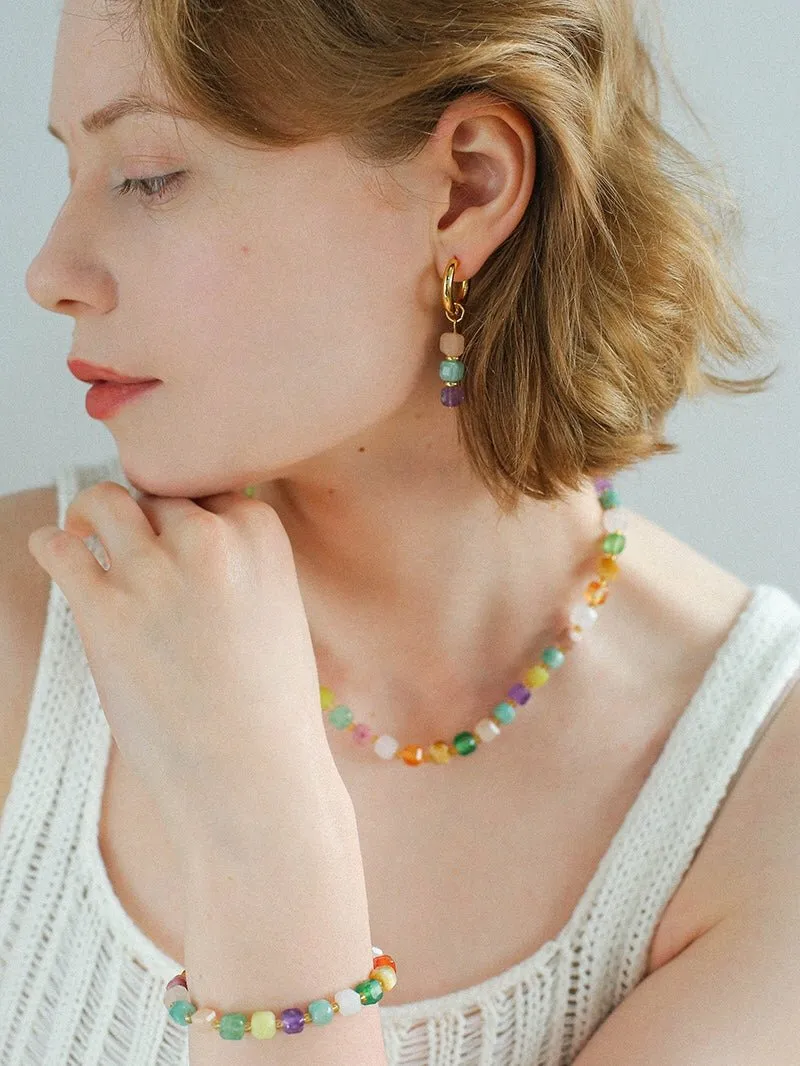 Rainbow Candy Cube Gemstone Drop Hoop Earrings