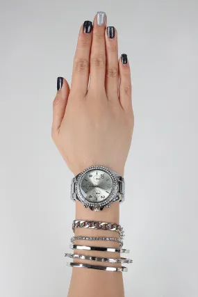 Rhinestone Watch And Cuff Bracelet Set