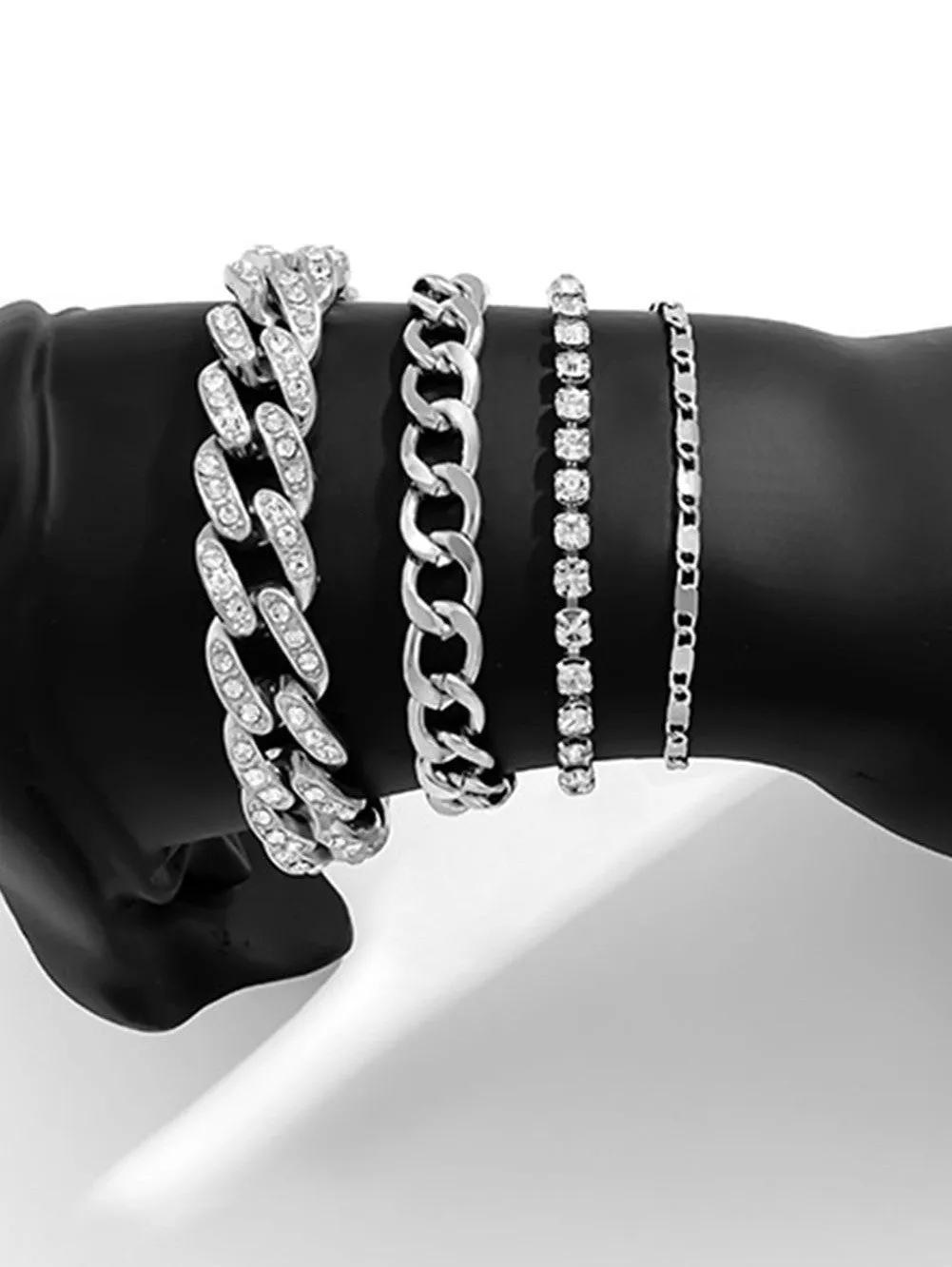 Silvery 4pcs Rhinestone Decor Adjustable Chain Bracelet Set