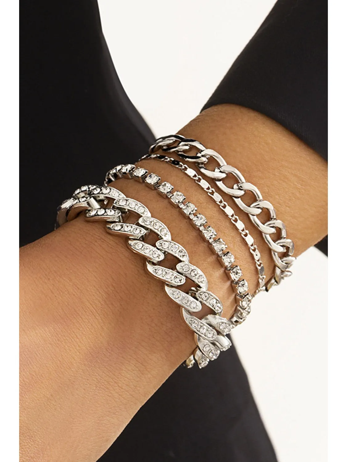 Silvery 4pcs Rhinestone Decor Adjustable Chain Bracelet Set