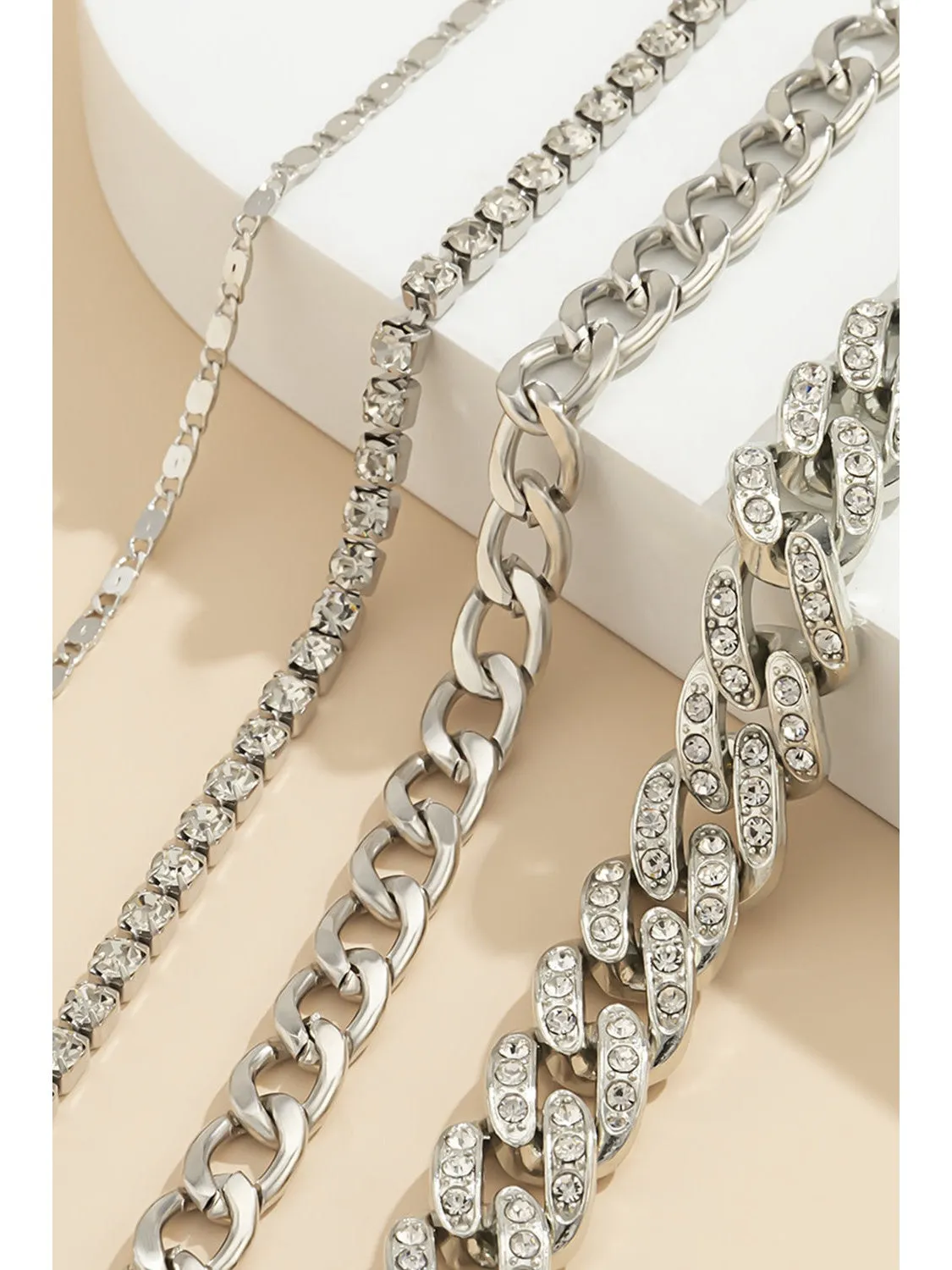 Silvery 4pcs Rhinestone Decor Adjustable Chain Bracelet Set