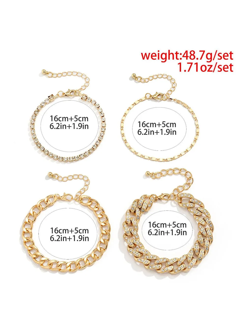 Silvery 4pcs Rhinestone Decor Adjustable Chain Bracelet Set