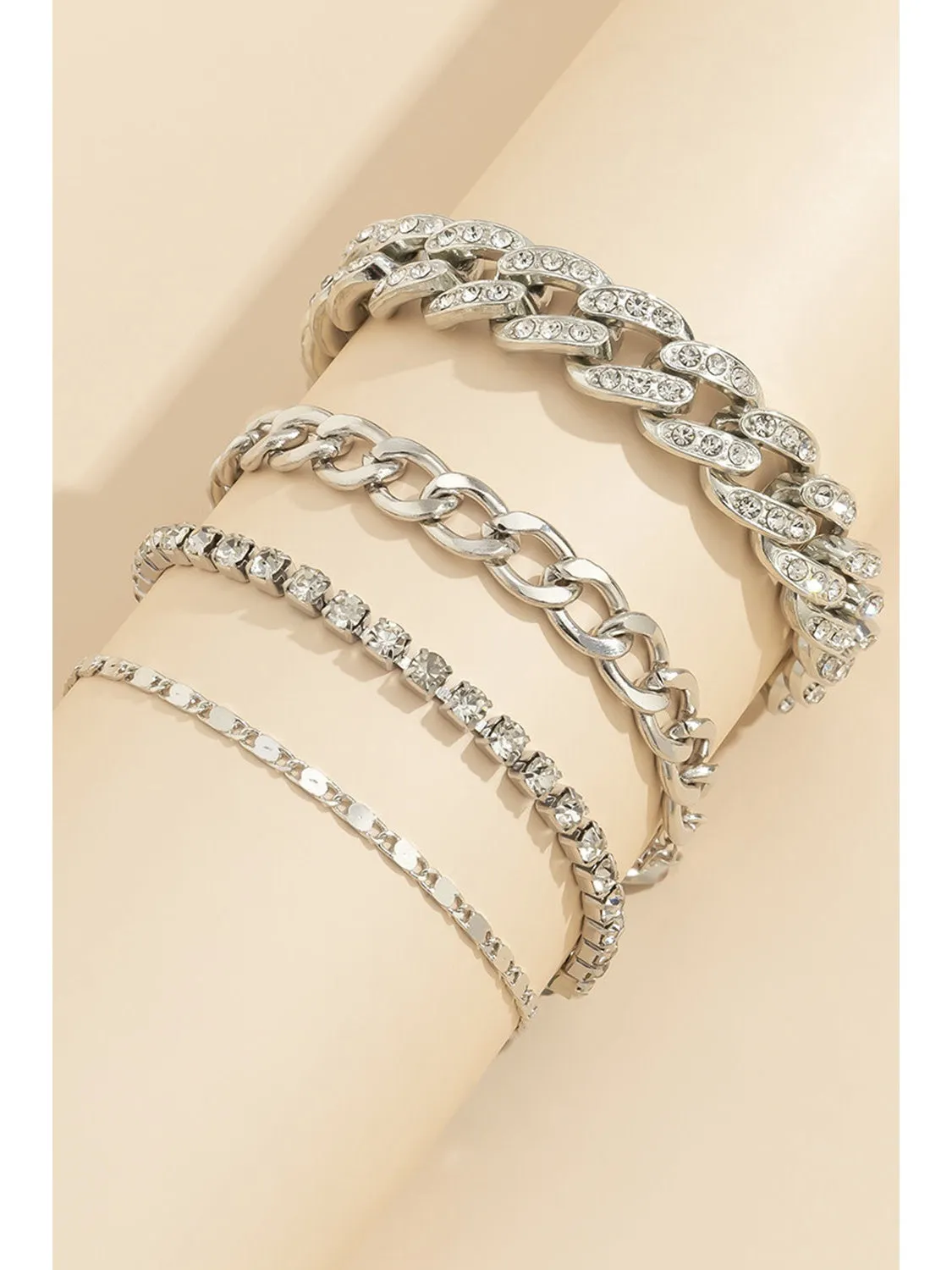 Silvery 4pcs Rhinestone Decor Adjustable Chain Bracelet Set