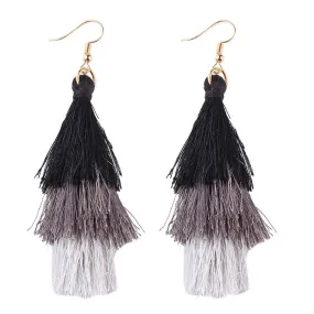 Triple Tassel Dangle Earrings in Black and Gray Neutral